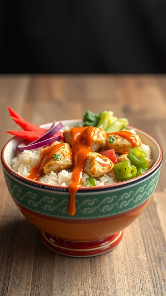 A colorful bowl of crispy Bang Bang Chicken served with rice and garnished with vegetables.