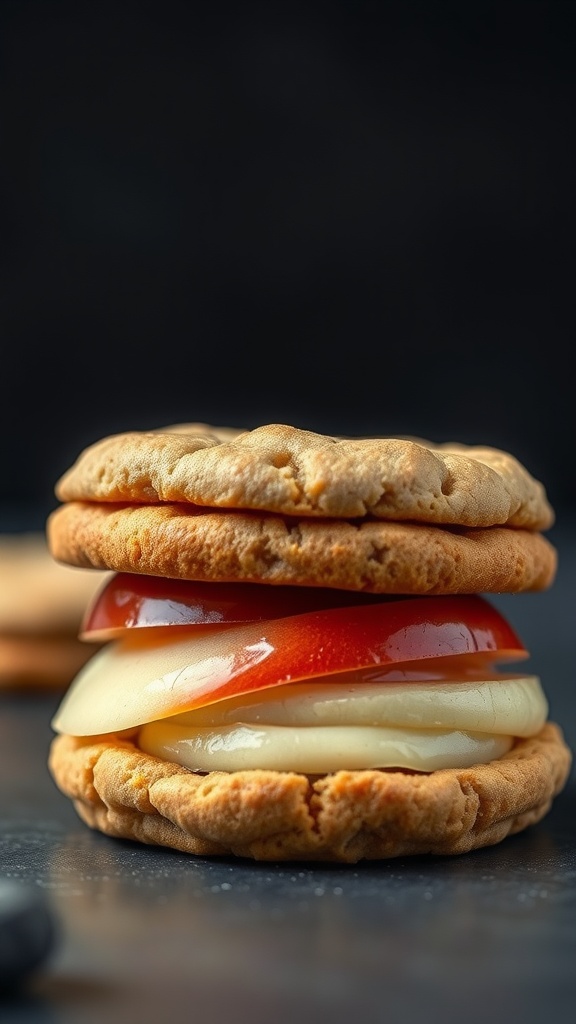 Candy apple cookie sandwich with apple slices and creamy filling