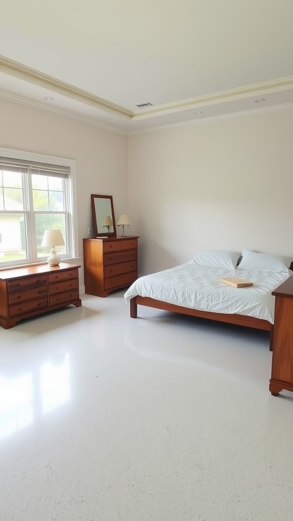 Color swatches and a door in a bright bedroom with an epoxy floor