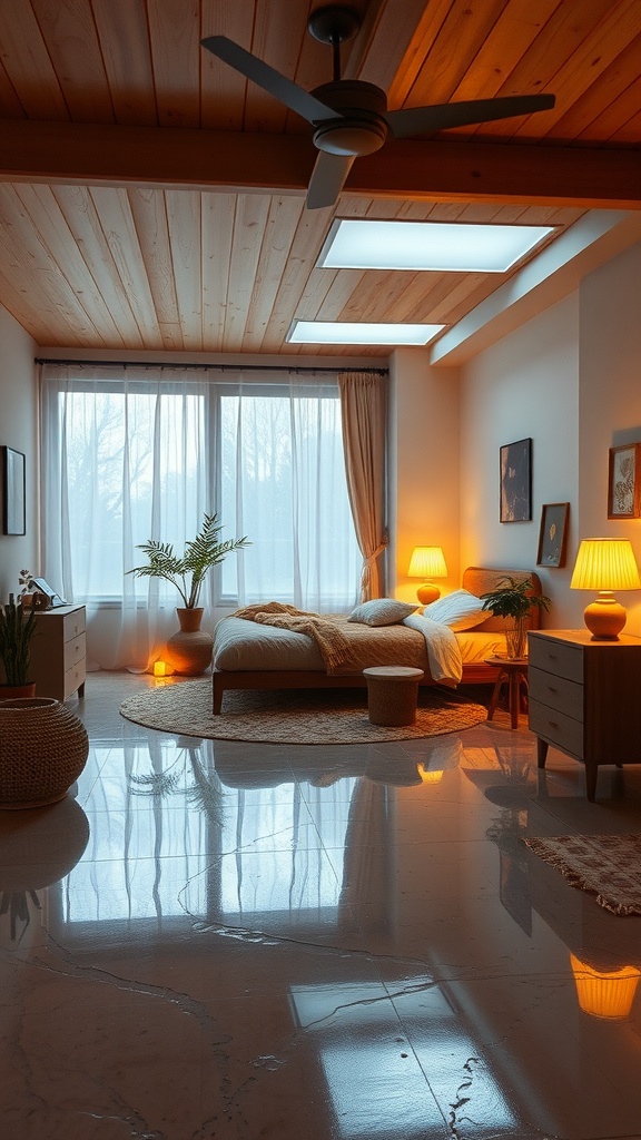 A cozy bedroom with epoxy concrete floors, wooden ceiling, plants, and warm lighting.