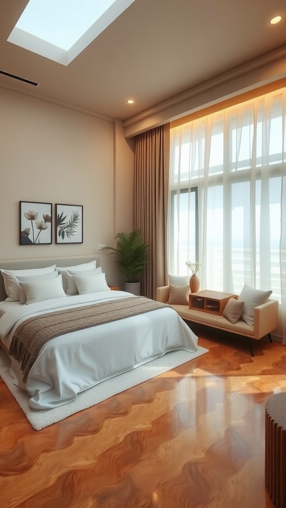 A cozy bedroom featuring epoxy flooring, light-colored walls, a comfortable bed with soft bedding, and a warm atmosphere.
