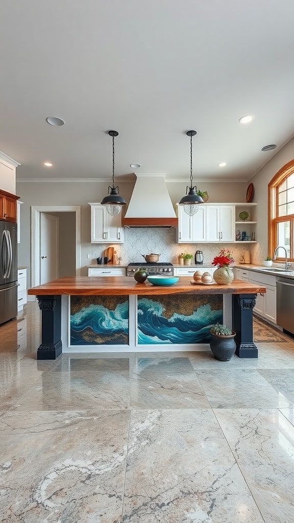 A cozy kitchen featuring a rustic island table with epoxy art and a glossy epoxy floor.