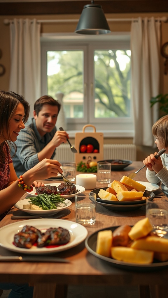 A family enjoying a meal of garlic butter steak bites and potatoes at a dinner table.