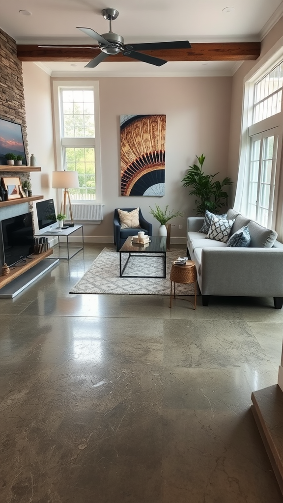 Cozy living room featuring epoxy flooring and comfortable seating.