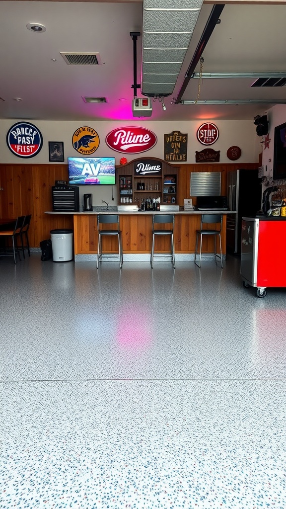A stylish garage bar with a shiny epoxy floor, showcasing a welcoming atmosphere with bar stools and decor.