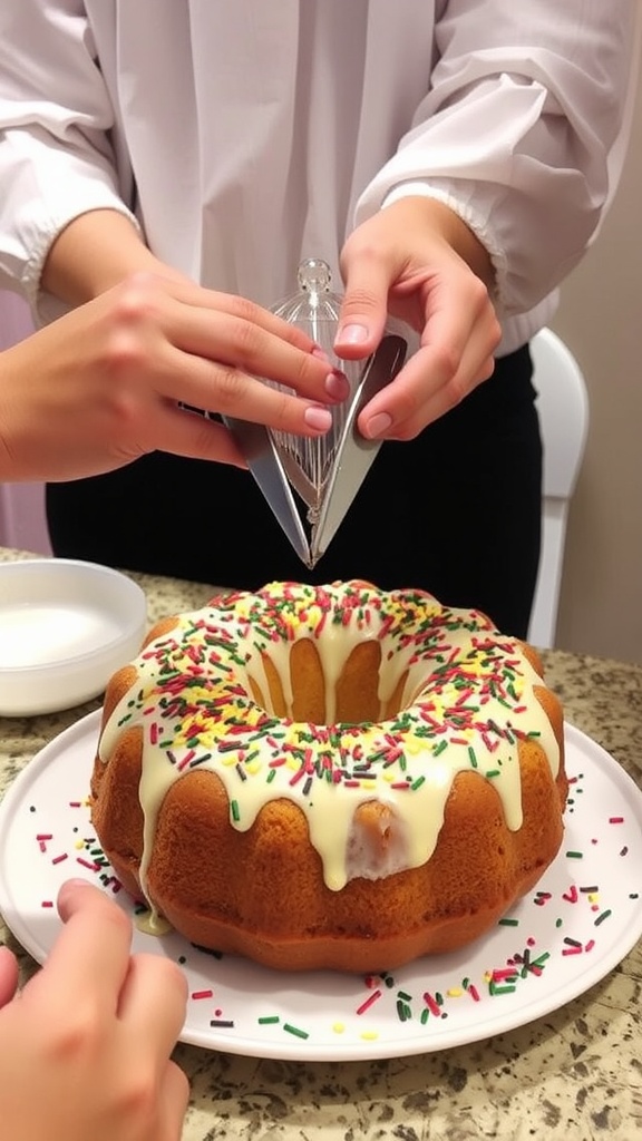 A traditional King Cake decorated with icing and colored sugar.