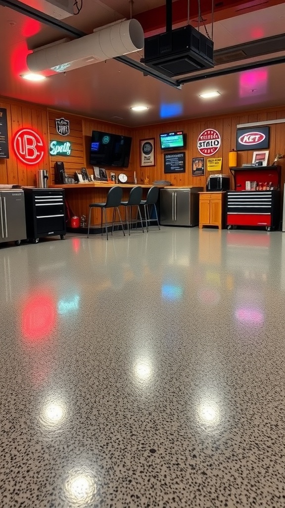 Modern garage bar with shiny metallic epoxy floor, showcasing a well-designed space.