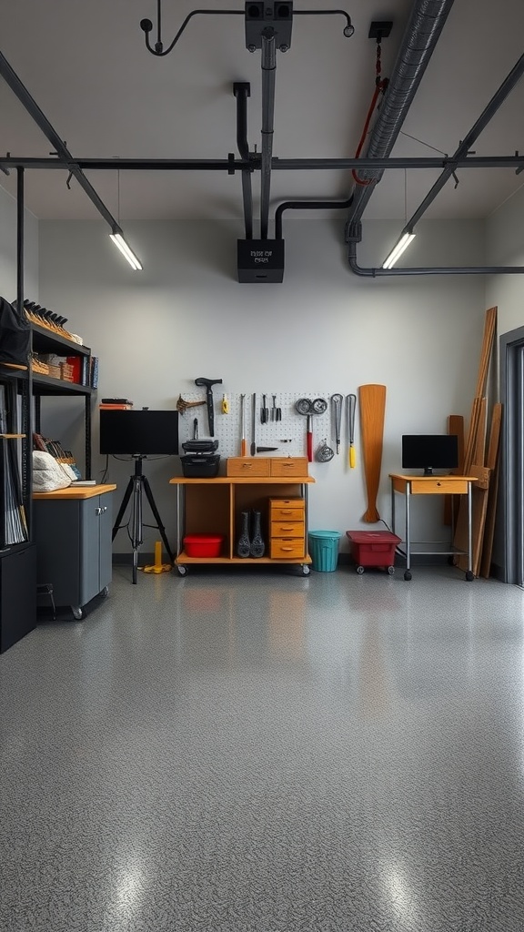A modern garage featuring an epoxy floor, organized tools, and bright lighting, exemplifying a multi-purpose workspace.