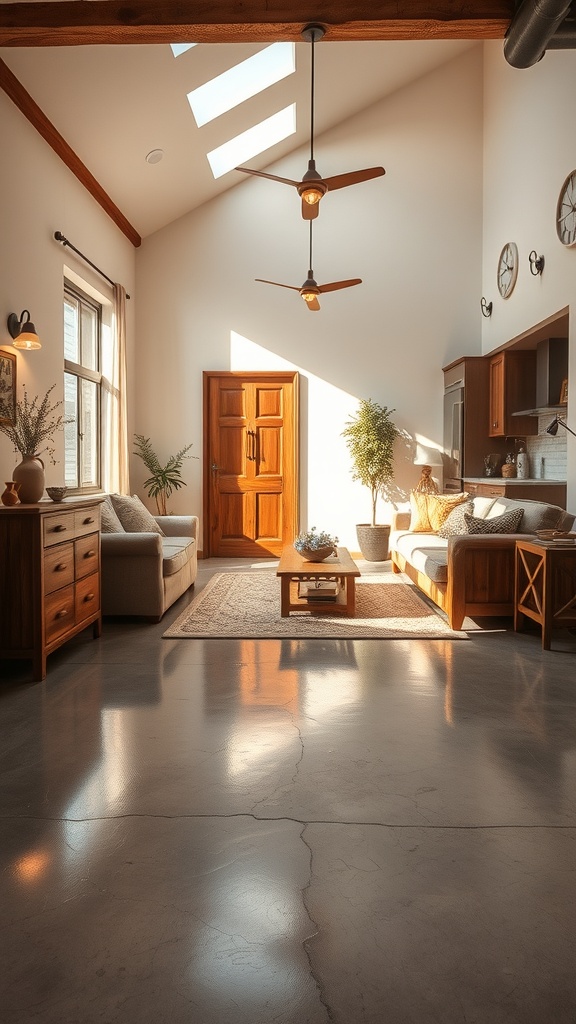 A cozy living area with epoxy flooring, showcasing a rustic aesthetic with wooden furniture and natural light.