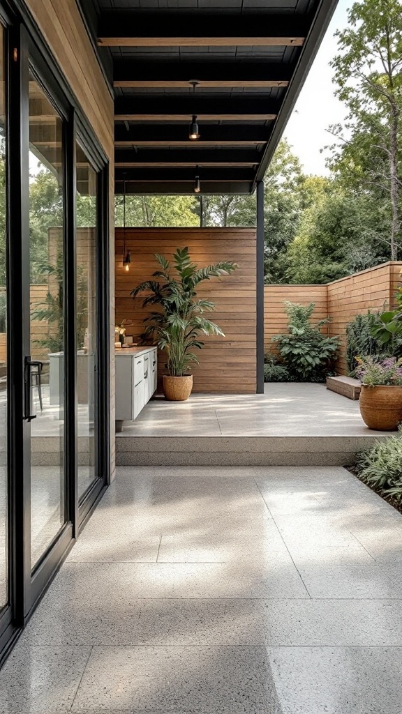 Beautiful indoor-outdoor transition with glass doors and plants
