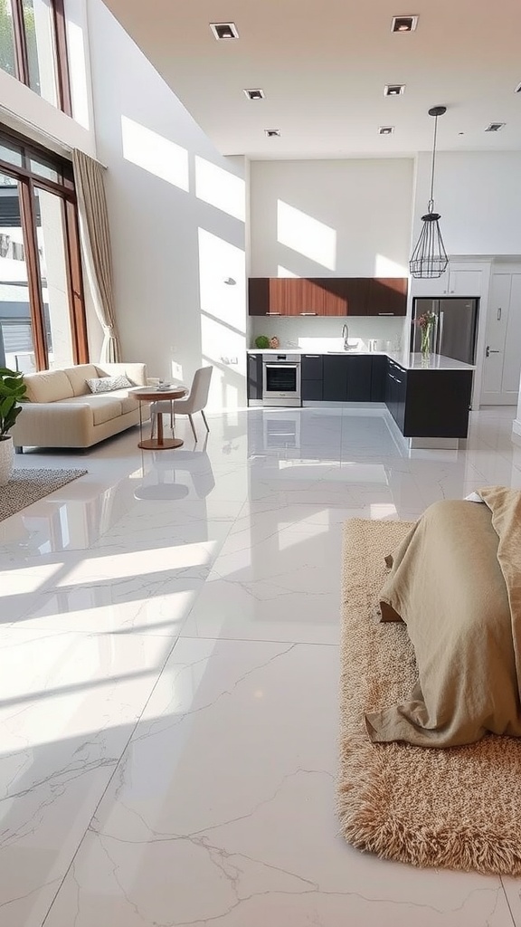 A spacious room with polished concrete flooring and natural light.