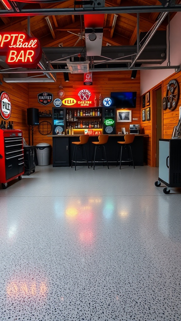 A stylish garage bar with a polished epoxy floor, featuring sports memorabilia and a cozy setup.
