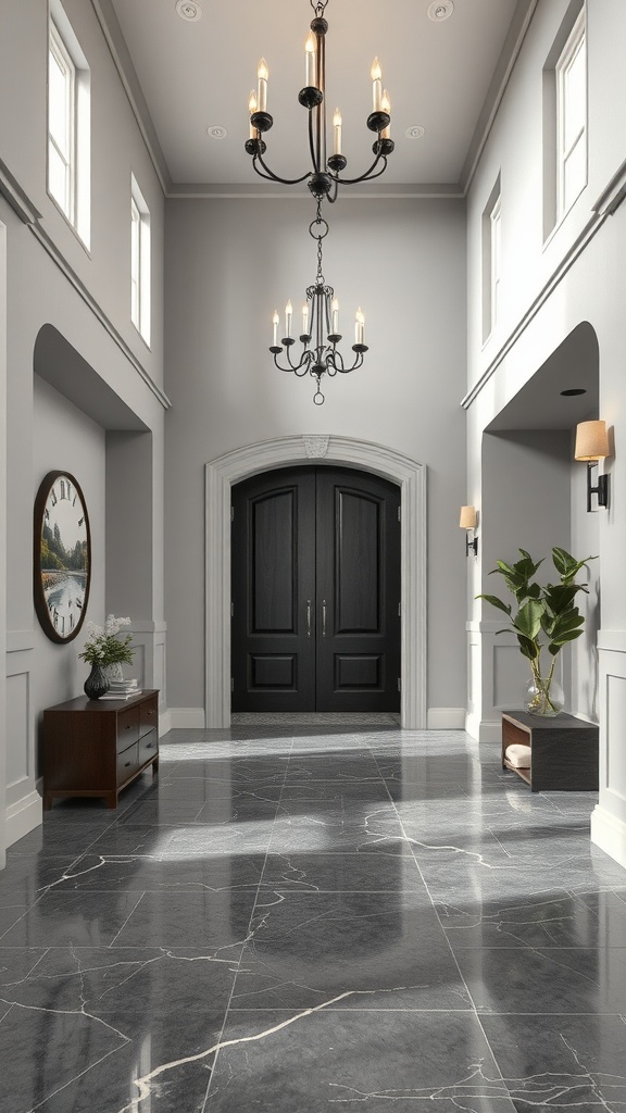 An elegant front entrance with a grand staircase and intricately designed epoxy floor.