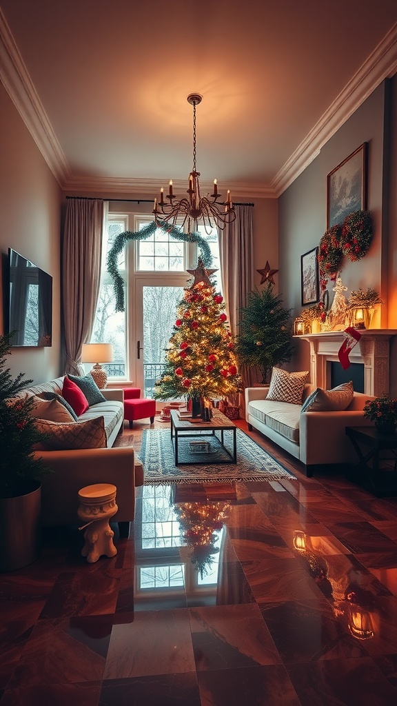 A beautifully decorated living room for the holidays with a Christmas tree, elegant chandelier, and polished epoxy floor.
