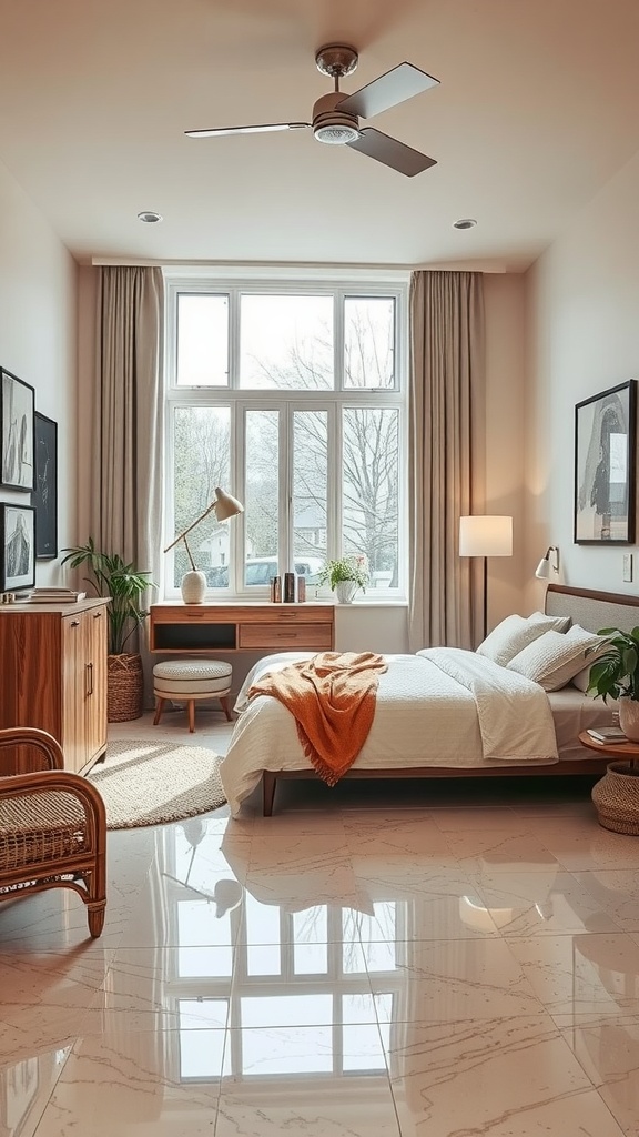 Cozy bedroom featuring an epoxy floor, wooden bed, and natural light.