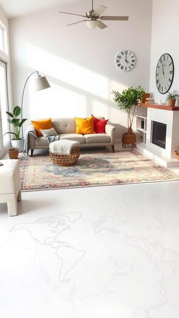 A stylish living room featuring epoxy floors and an area rug, combining modern and cozy elements.