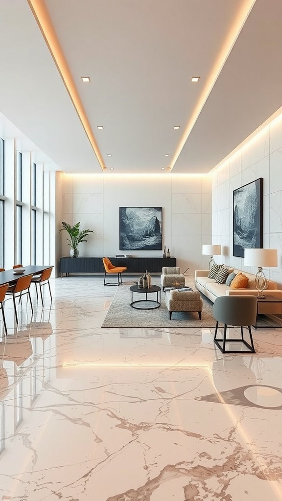 Photorealistic marble texture featuring swirling veins in white and gray tones with a high-gloss finish