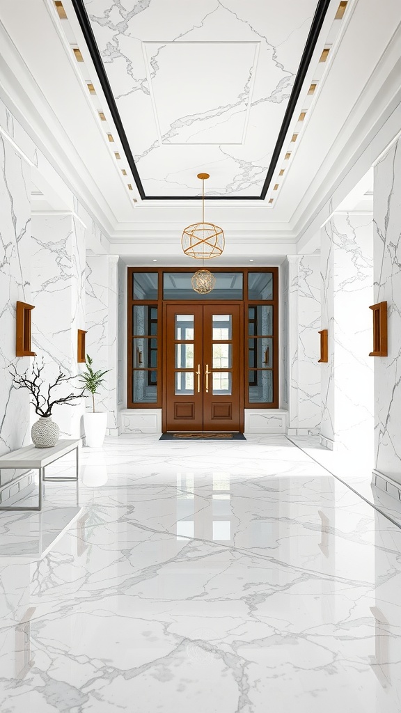 A grand staircase with a colorful epoxy floor, featuring vibrant swirls of red, gold, and blue.