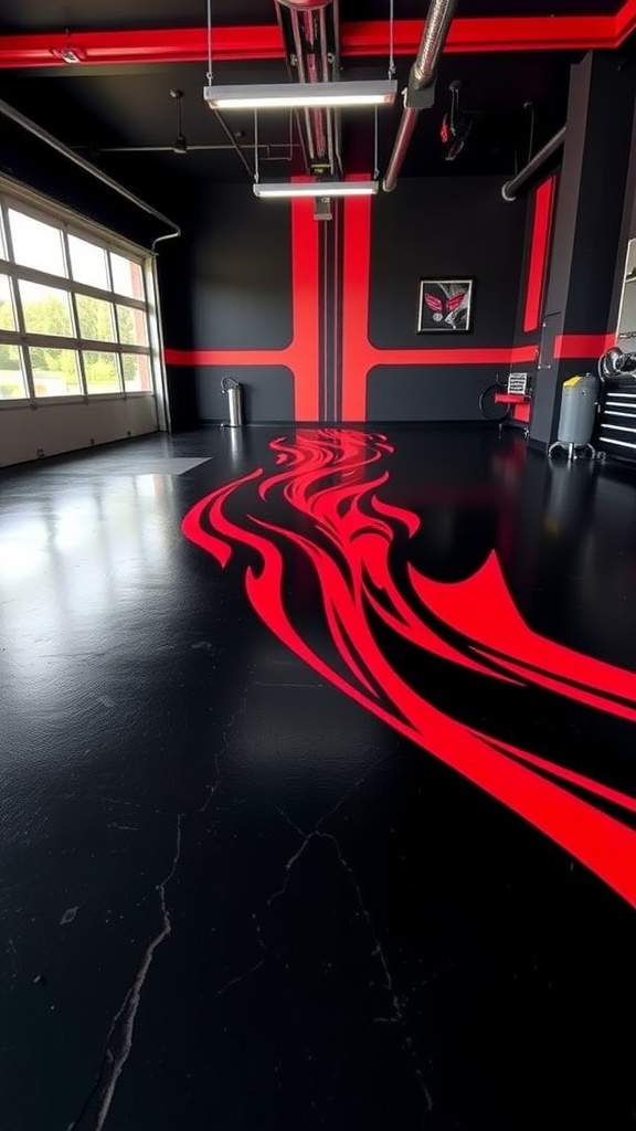 Colorful layered epoxy floor design with various shades.
