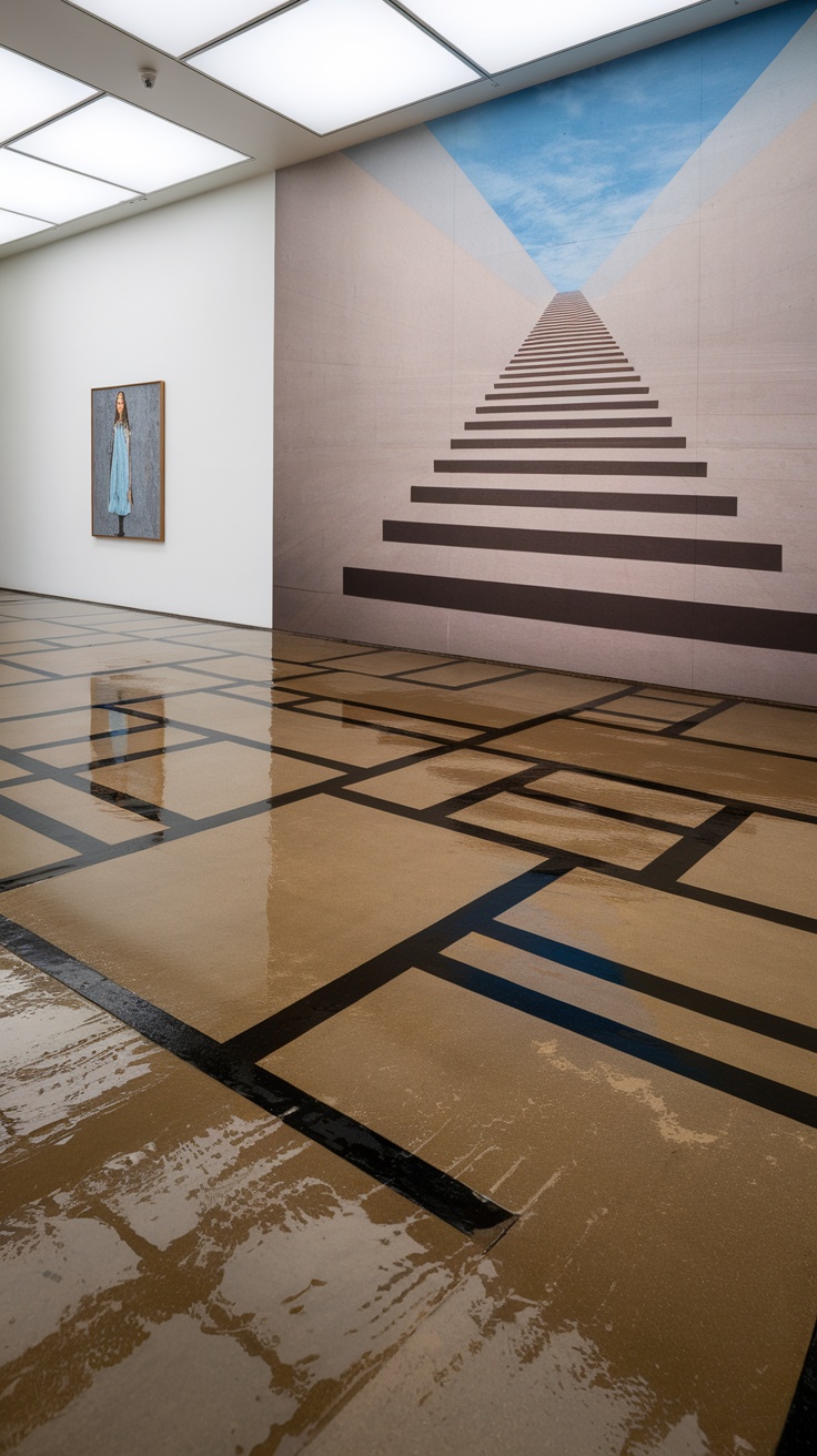 An art gallery floor featuring stained concrete with geometric patterns and a glossy finish.