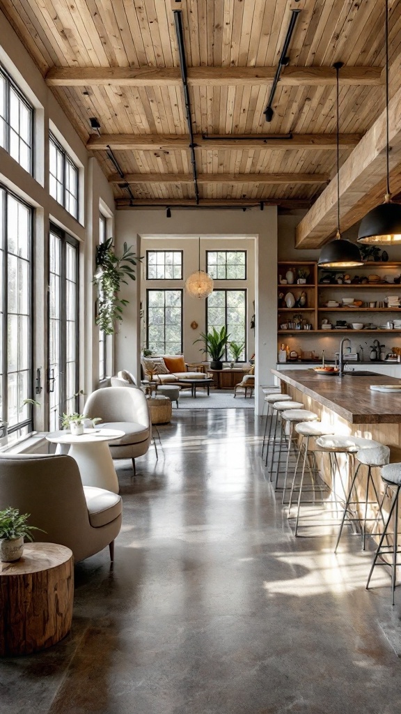 A spacious room with wooden ceiling, large windows, and cozy seating areas.
