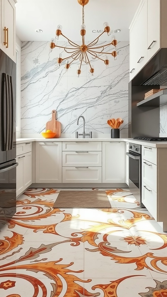 A modern kitchen featuring glossy epoxy floors, a stylish table, and decorative elements.