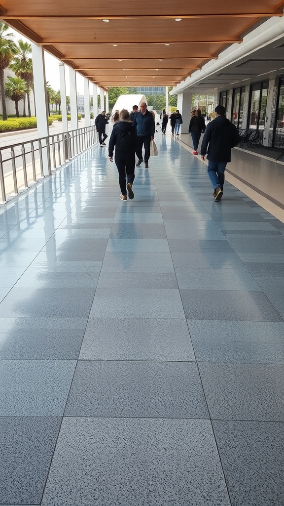 A wide walkway with anti-slip epoxy flooring, featuring people walking in a safe outdoor environment.