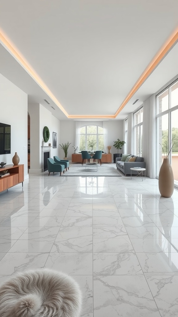 A spacious living area featuring luxury epoxy flooring that creates a seamless transition between rooms, with large windows allowing natural light in.