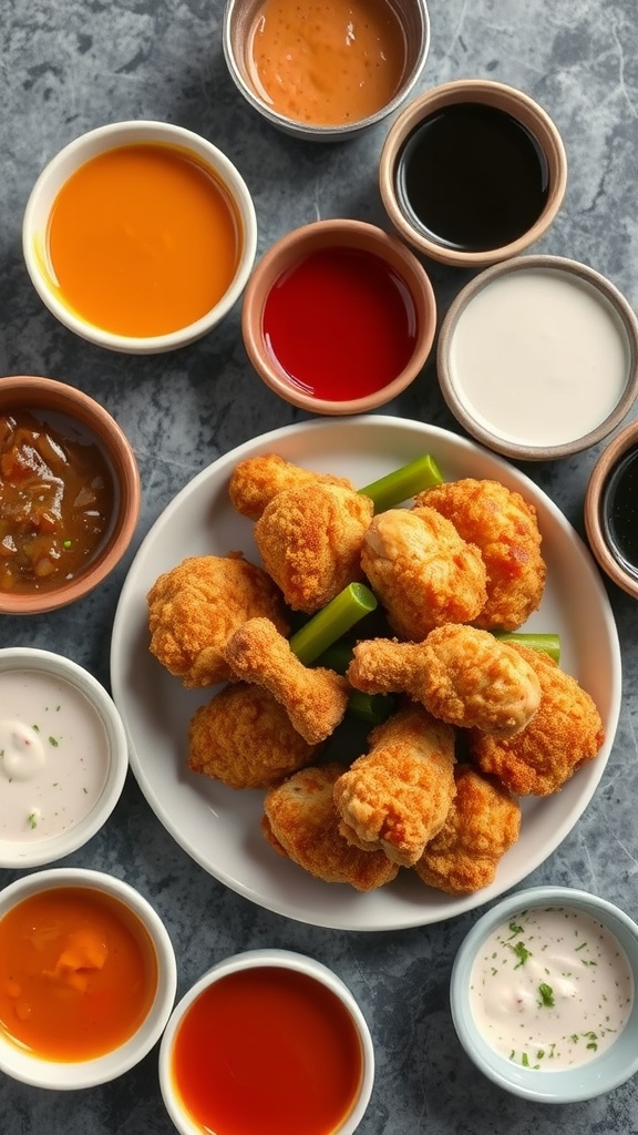A plate of crispy chicken wings surrounded by various sauces for dipping.