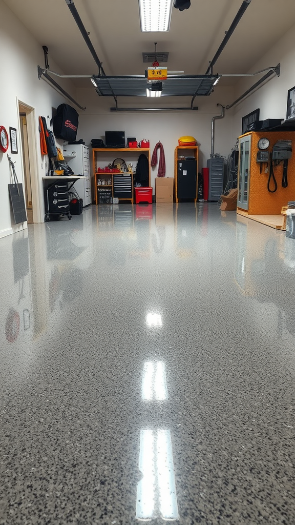 A beautifully designed metallic epoxy floor in a garage, featuring intricate patterns and a shiny finish.