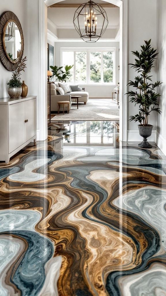 A beautifully stained epoxy floor with swirling patterns in blue, brown, and cream, leading into a bright living space.