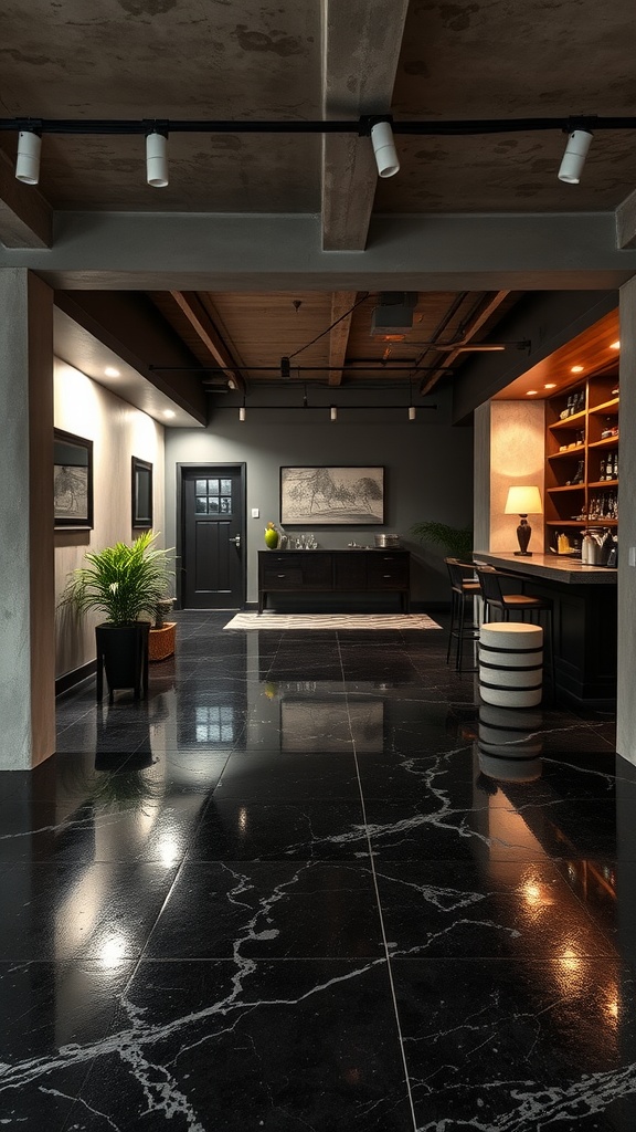 Modern basement with black epoxy floor and stylish bar area, showing defined spaces.