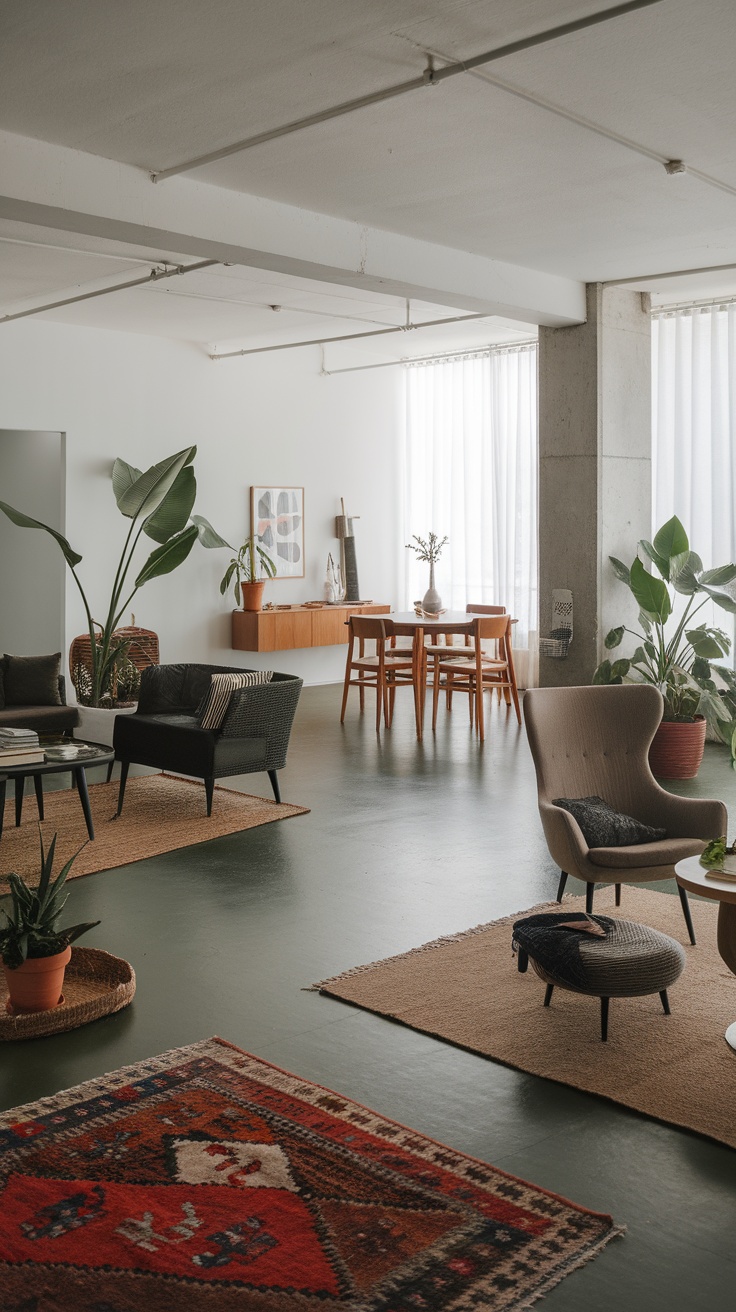 A cozy living room featuring an epoxy floor, plants, and distinct seating and dining areas.