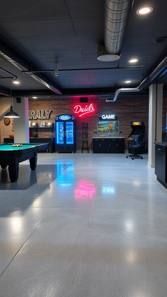 A stylish game room basement with a seamless metallic epoxy floor, featuring neon signs and arcade machines.