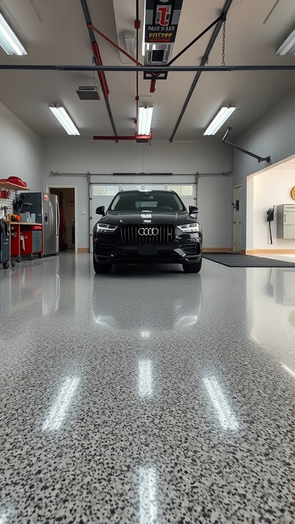 A modern garage showcasing a speckled epoxy floor, with a car parked inside and organized tools on the wall.