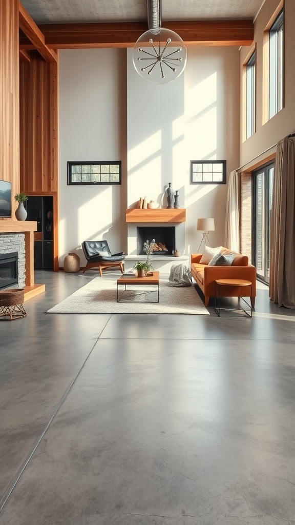 Modern living room with polished cement floors and wooden accents