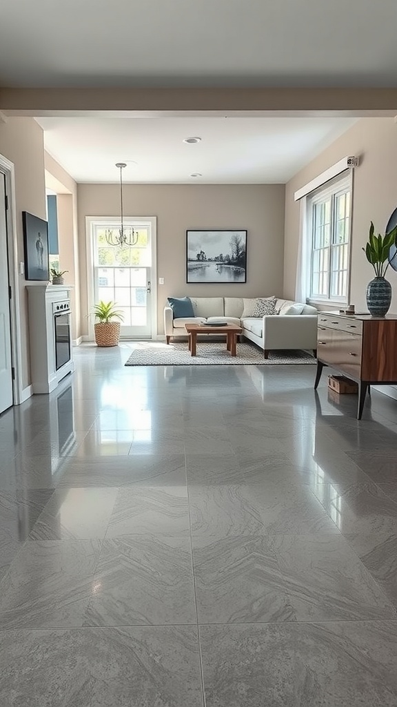 A modern living room with a glossy gray epoxy floor, stylish furniture, and large windows