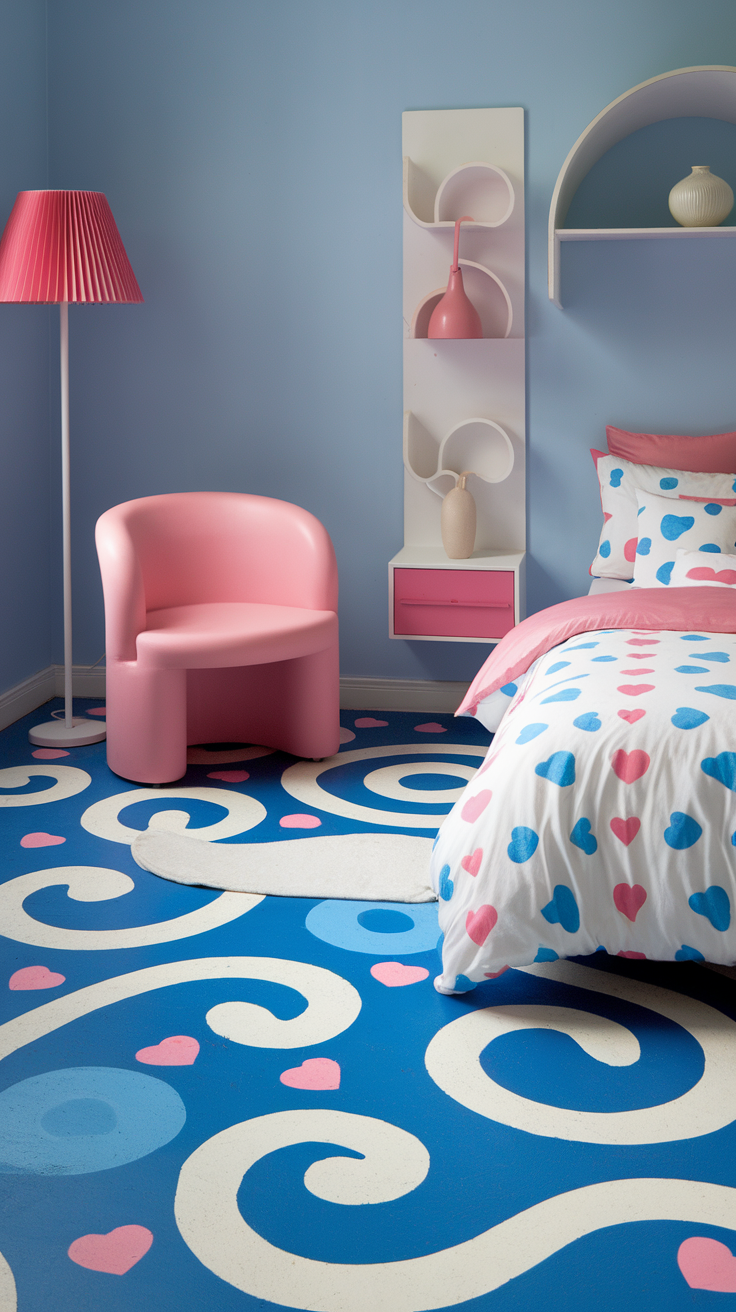 A colorful bedroom with heart and swirl patterns on the epoxy floor.