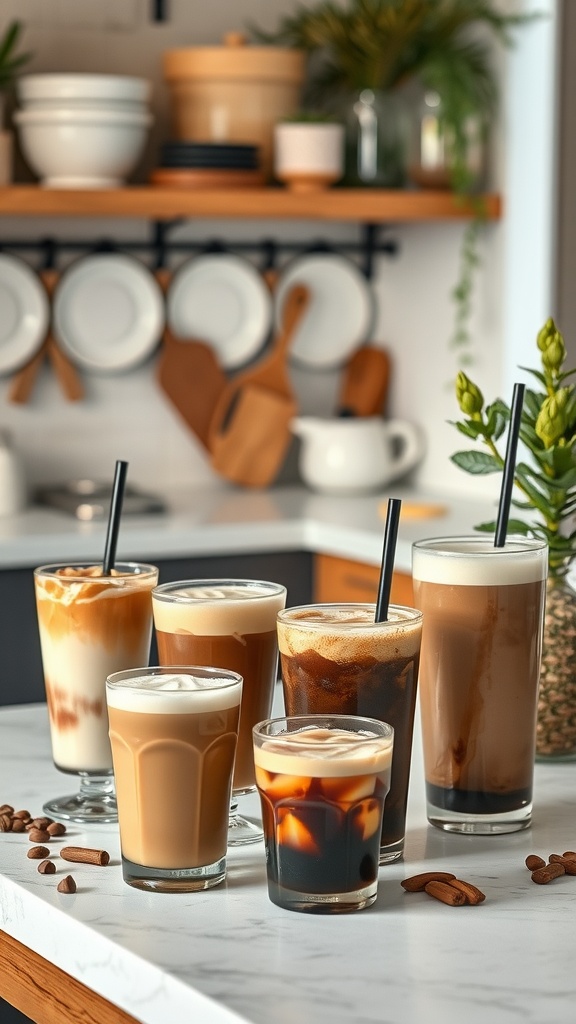 A variety of coffee drinks on a kitchen counter