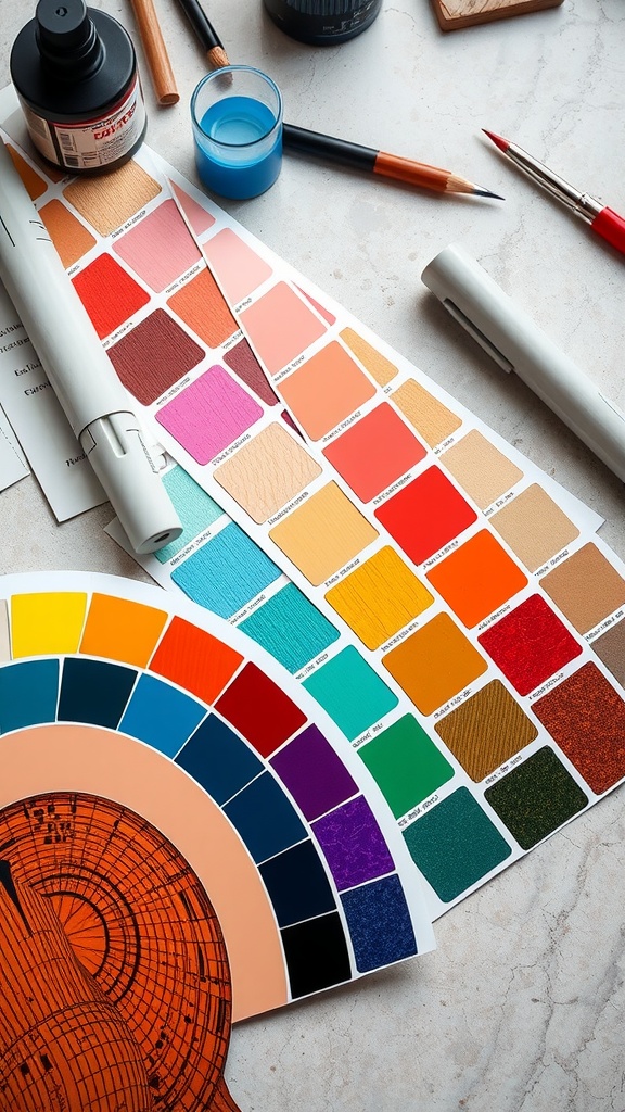 A collection of colorful paint swatches and pens on a marble surface