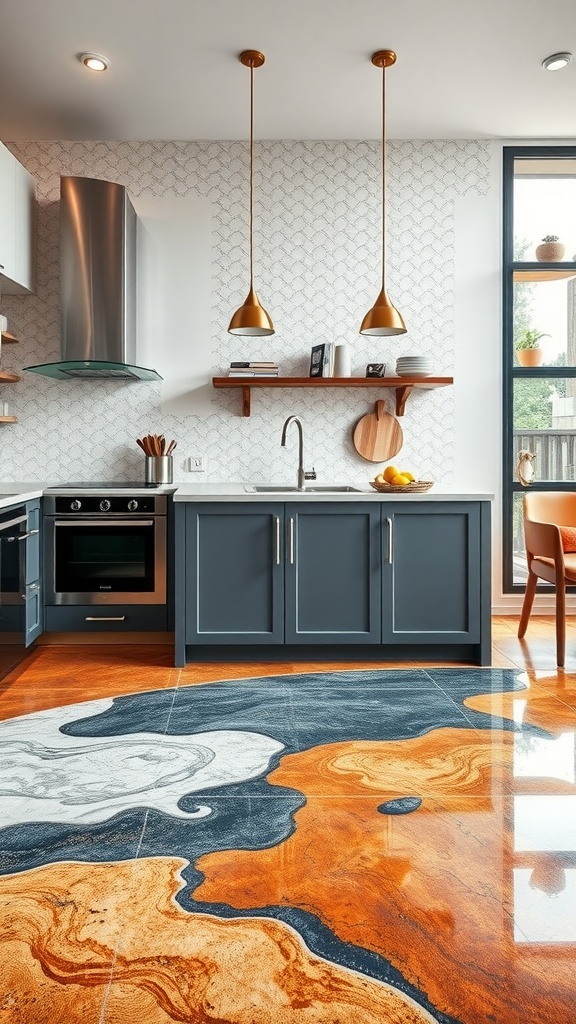 A modern kitchen with a glossy marble-like epoxy floor and stylish cabinetry.