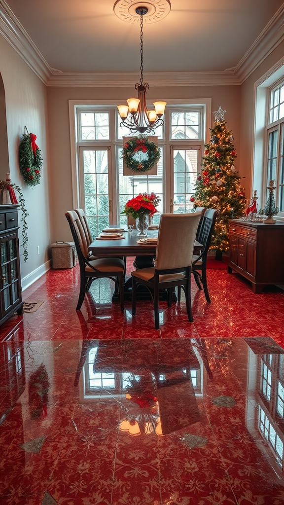 A beautifully decorated room for the holidays featuring epoxy floors with festive designs, Christmas trees, and holiday decorations.