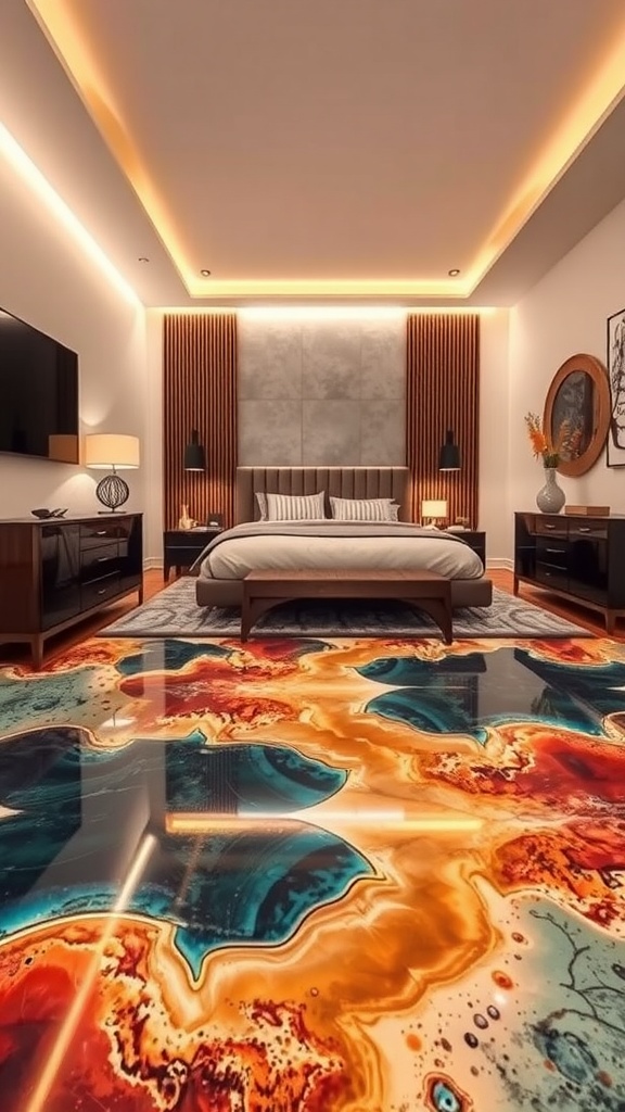 A modern bedroom with colorful epoxy flooring featuring geometric patterns.