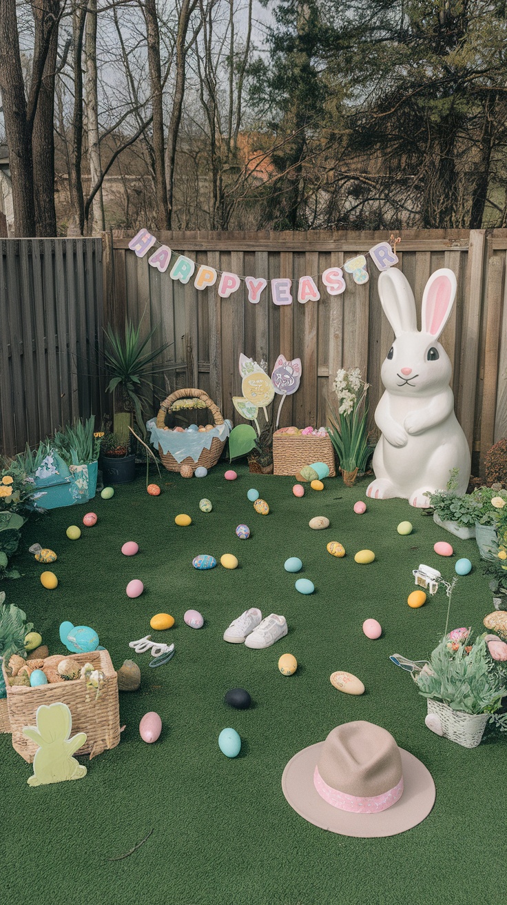 A backyard setup for an Easter egg hunt featuring colorful eggs and bunny decorations.