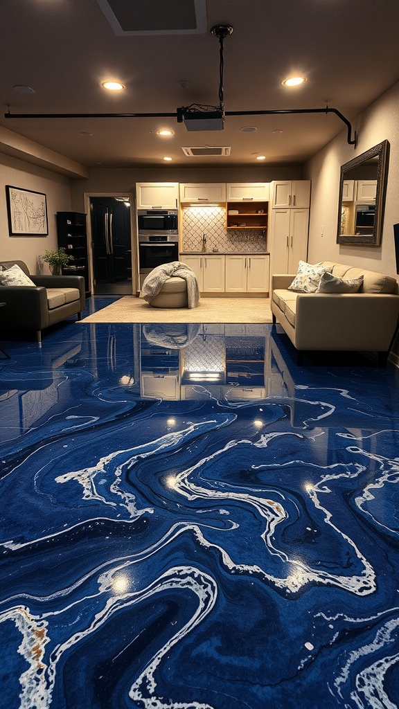 Basement with blue epoxy flooring and modern furniture