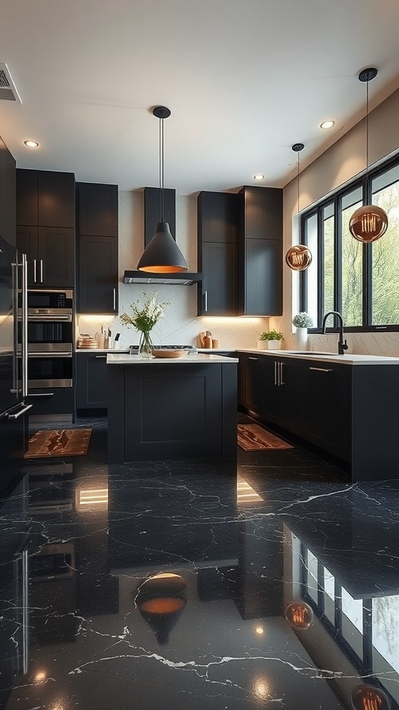 A modern kitchen with a brown epoxy floor, showcasing a blend of farmhouse charm and contemporary design.