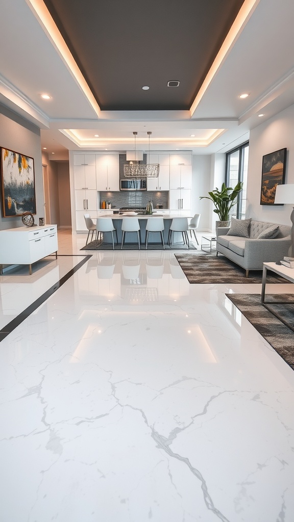 A modern living room with sleek white and grey epoxy floors featuring a stylish border.
