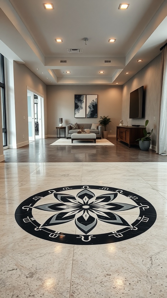 Creative epoxy floor logo design in a modern interior space