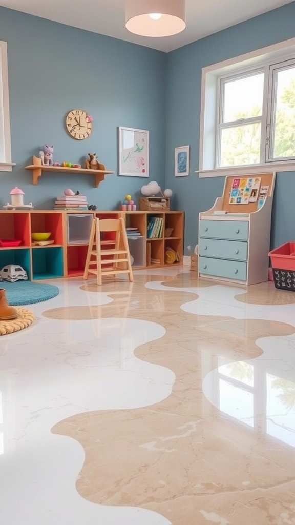 A colorful epoxy floor mural depicting a forest scene with animals and a stream.