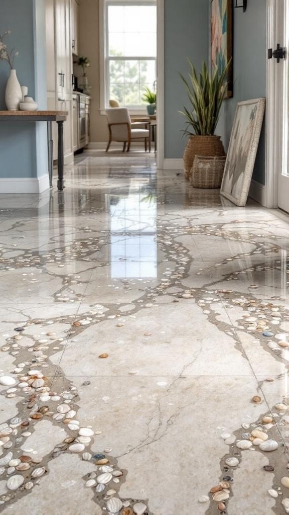 An interior hallway with a glossy epoxy floor featuring embedded seashells, leading to a bright room with plants and artwork.